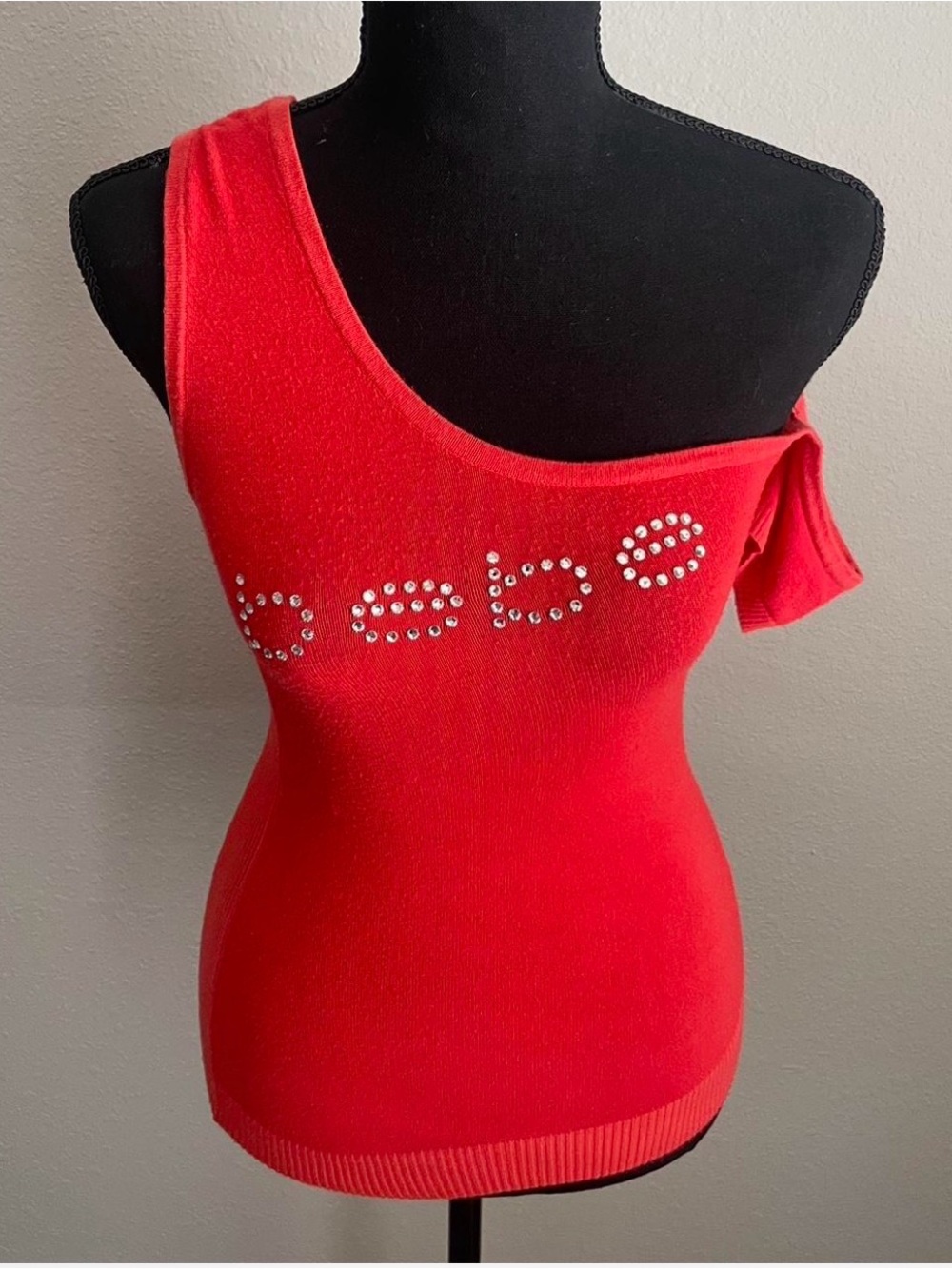 bebe Red One-Shoulder Rhinestone Logo Tank - Picture 3 of 4